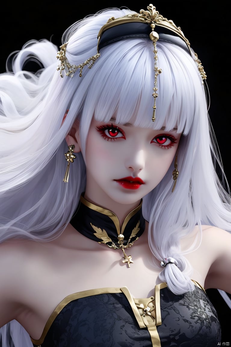 1girl, solo, long hair, looking at viewer, bangs, hair ornament, red eyes, bare shoulders, closed mouth, upper body, white hair, blunt bangs, lips, makeup, outstretched arms, black background, realistic, red lips