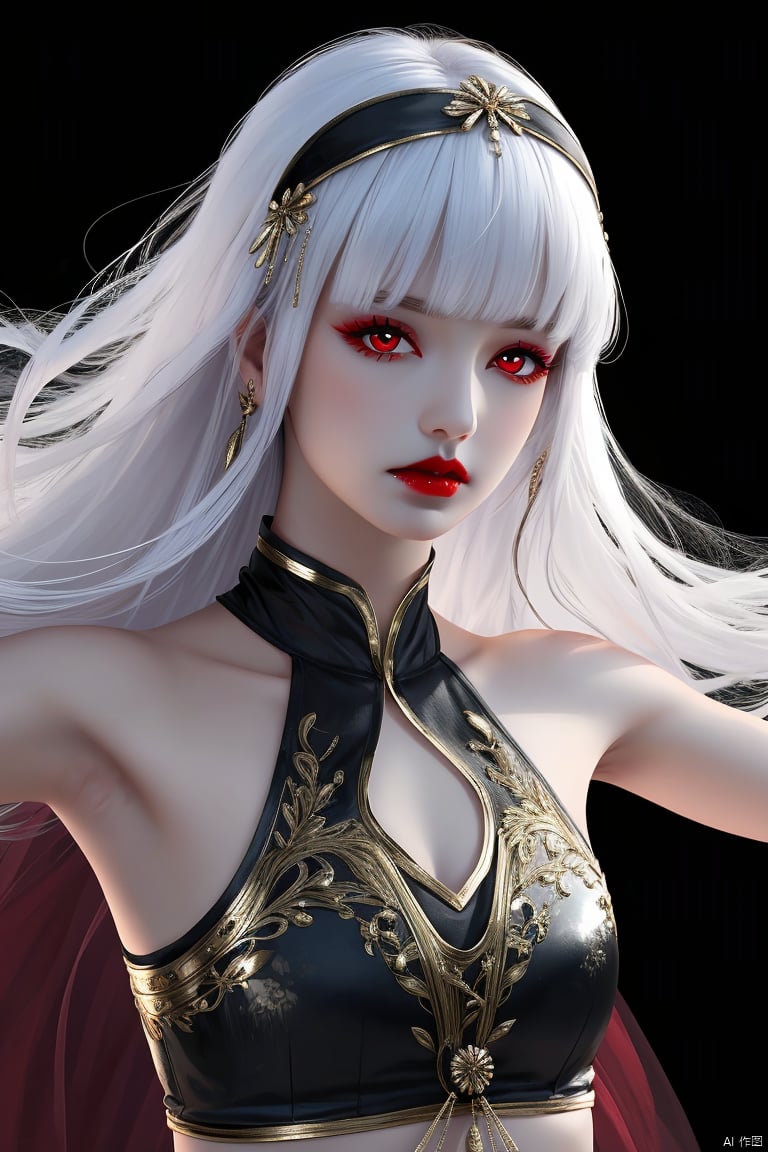 1girl, solo, long hair, looking at viewer, bangs, hair ornament, red eyes, bare shoulders, closed mouth, upper body, white hair, blunt bangs, lips, makeup, outstretched arms, black background, realistic, red lips