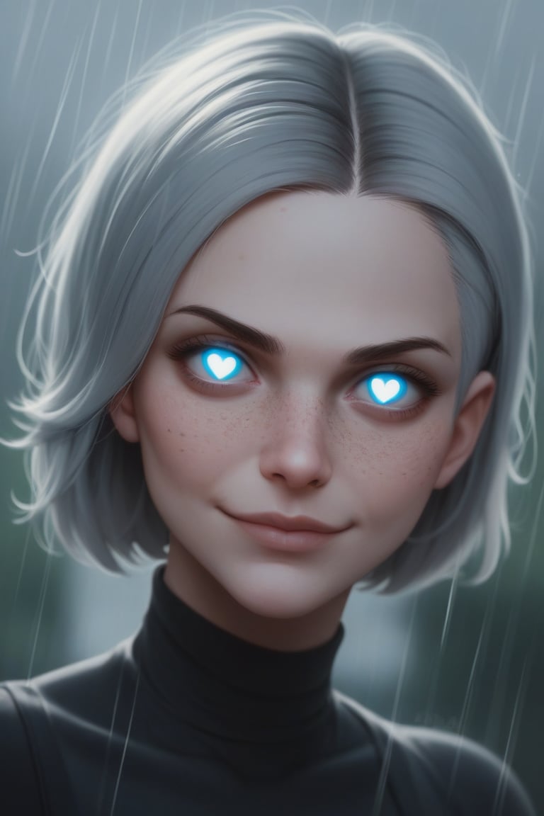 score_9_up, score_8_up, score_7_up, score_6_up, , ratings_safe, 1girl, face art. glowing eyes, heart_shaped_pupils, glowing pupils, smirky smile, freckles, bobcut hair, grey hair, multicolor_hair, hairs covering her eyes, closeup shot, black turtleneck on neck, black stroke lines, motion_lines, anime style, illustration, neon tubes on background, rain, blur censor