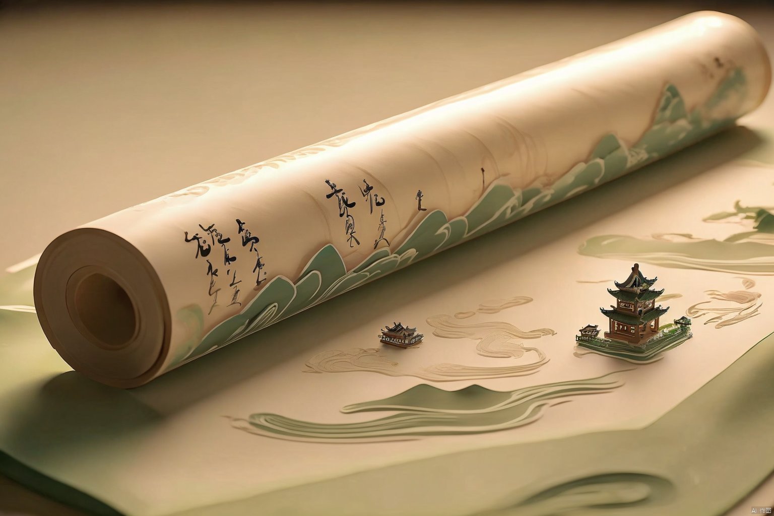 green and white tones,(mountain:1.2),(baiyun:1.1),3d art,characters written with a brush,pagoda,chinese ink treasure,east asian architecture,no humans,scenery,outdoors,picture scroll