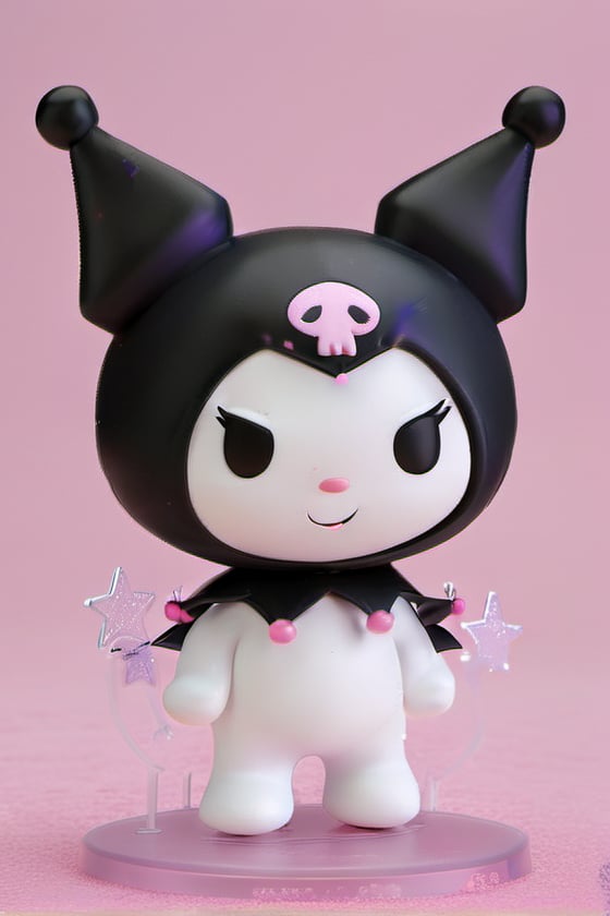 kuromi, solo, (solo), creature, super small size, no humans, ((no_human)), 3D animation, 3D figure, cute and adorable, chibi, (chibi), ((Kuromi)), big head, small body, short hands, short legs, ((small body)), ((very short hands)), ((very short legs)), dynamic pose, (masterpiece, ultra-detailed, 16K, best quality: 1.1), high resolution, (ultra detailed), photorealistic, ultra-detailed, finely detailed, high resolution, items in background everything is big size, winter, snow, at outdoor, shining star in dark background. 
((white body)), ((kuromi costume)), ((long ears)), female creature. ((black head)), ((black ears)), ((rabbid creature)), pink skeleton icon on head.