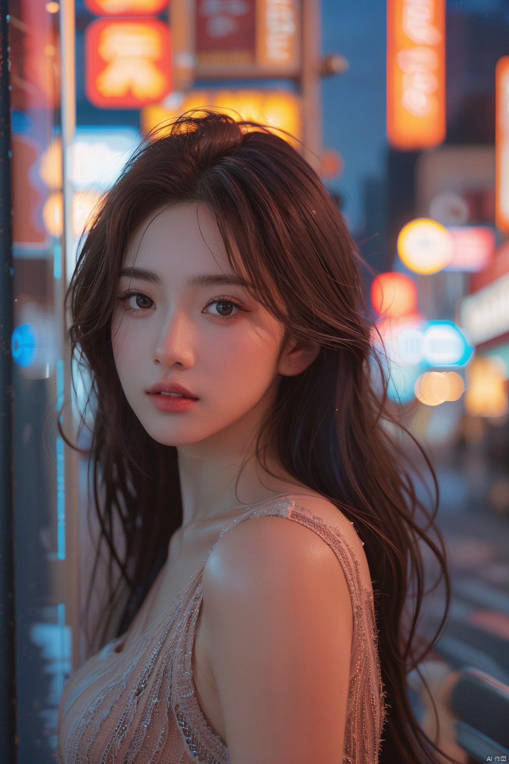 1girl, solo, long hair, looking at viewer, lips, brown eyes, black hair, blurry, upper body, realistic, night, neon lights, blurry background, city, city lights, brown hair, depth of field