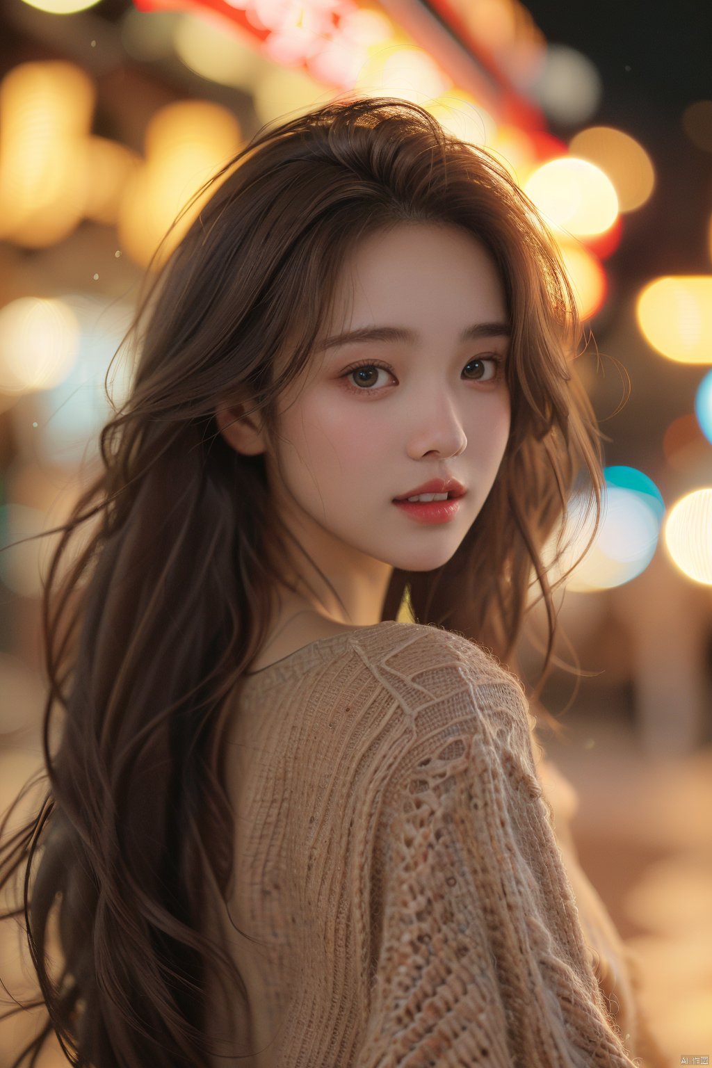 1girl, solo, long hair, looking at viewer, brown hair, blurry, parted lips, lips, upper body, blurry background, sweater, brown eyes, shirt, bokeh, depth of field, realistic, teeth