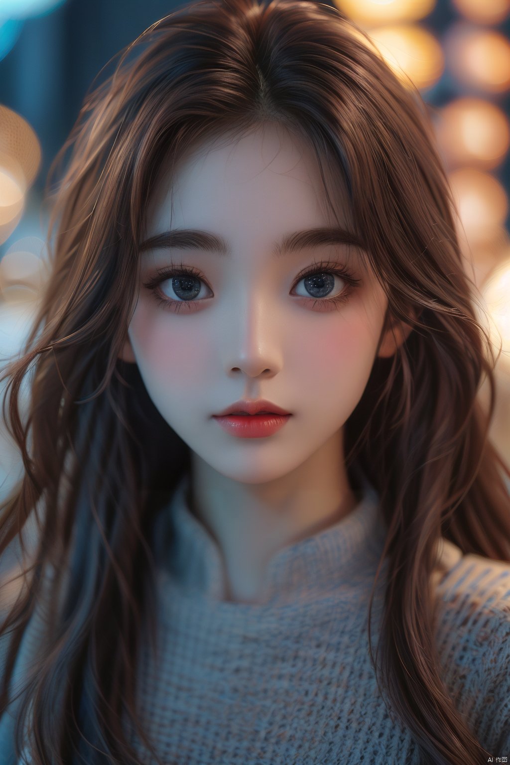 1girl, solo, long hair, brown hair, lips, blurry, parted lips, blue eyes, realistic, nose, depth of field, bokeh, portrait, sweater, blurry background, brown eyes