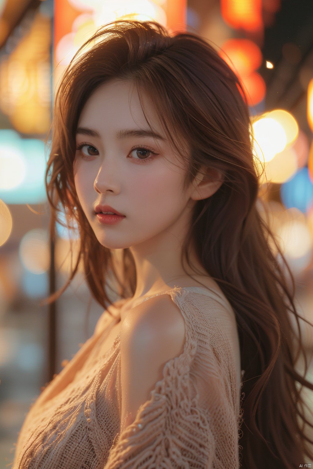 1girl, solo, long hair, brown hair, blurry, lips, looking at viewer, bokeh, depth of field, upper body, brown eyes, blurry background, realistic, nose, looking to the side, from side