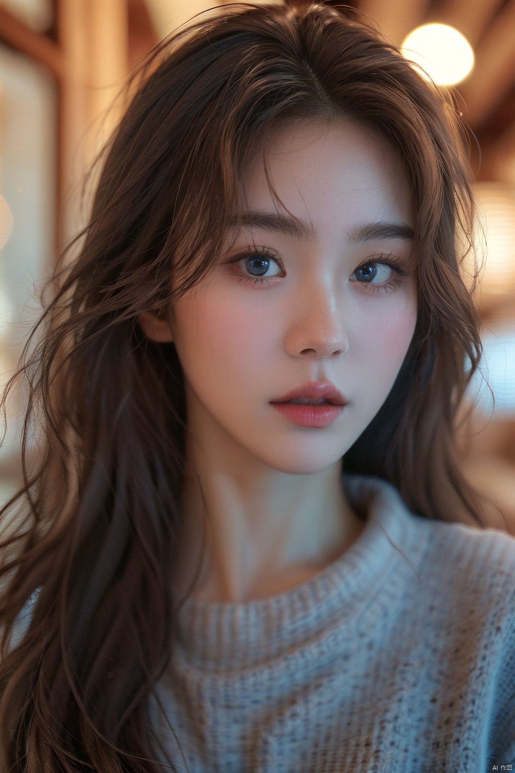 1girl, solo, long hair, blue eyes, brown hair, brown eyes, upper body, parted lips, blurry, sweater, lips, realistic, nose