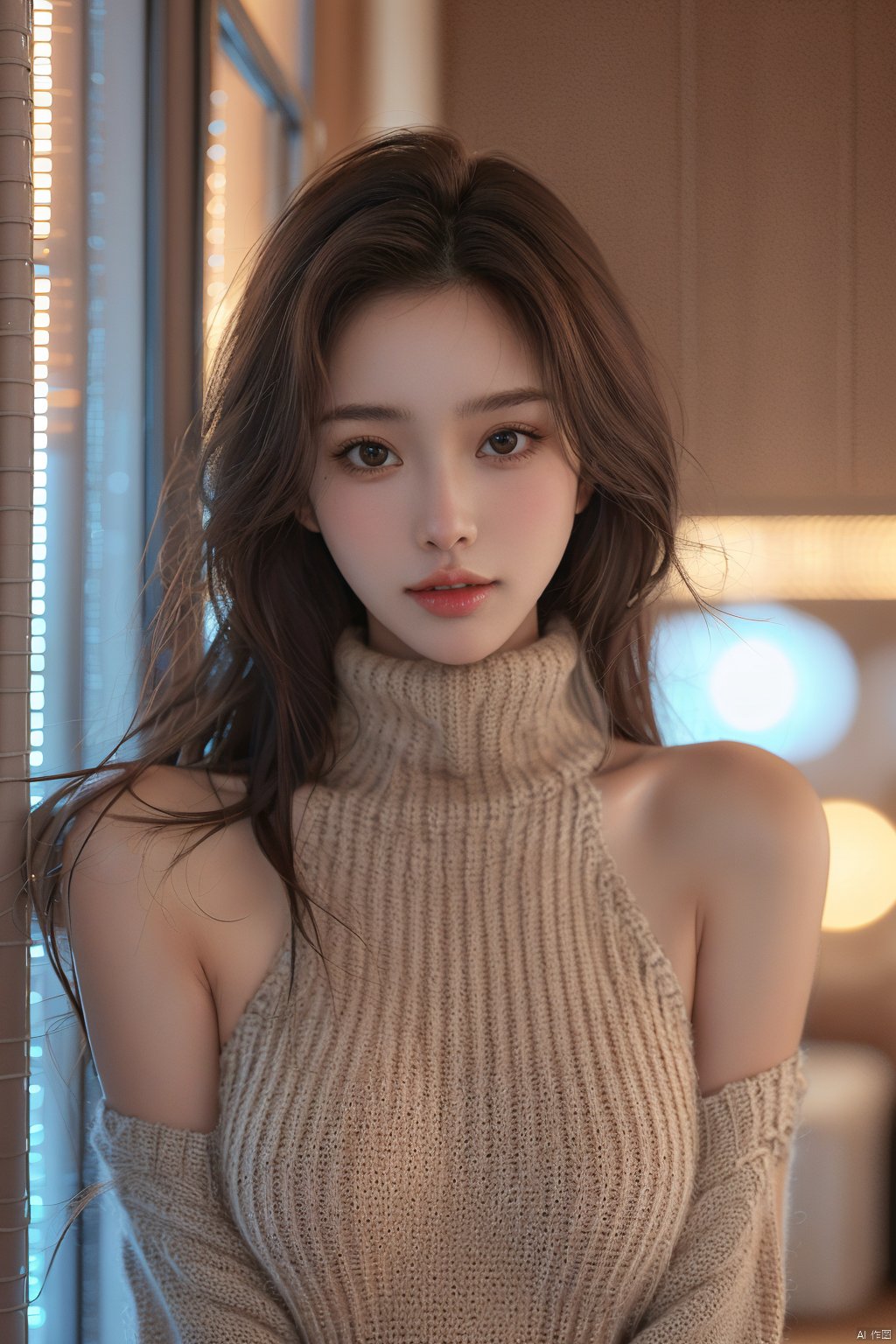 1girl, solo, long hair, looking at viewer, brown hair, parted lips, shoulder cutout, sweater, upper body, brown eyes, turtleneck, lips, blurry, bare shoulders, clothing cutout, breasts