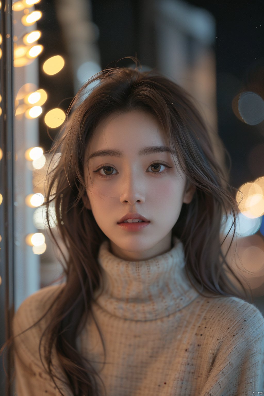 1girl, solo, brown hair, brown eyes, sweater, long hair, blurry, turtleneck, parted lips, upper body, lips, realistic, looking at viewer, blurry background, turtleneck sweater, depth of field, night, teeth, looking up, messy hair, bokeh