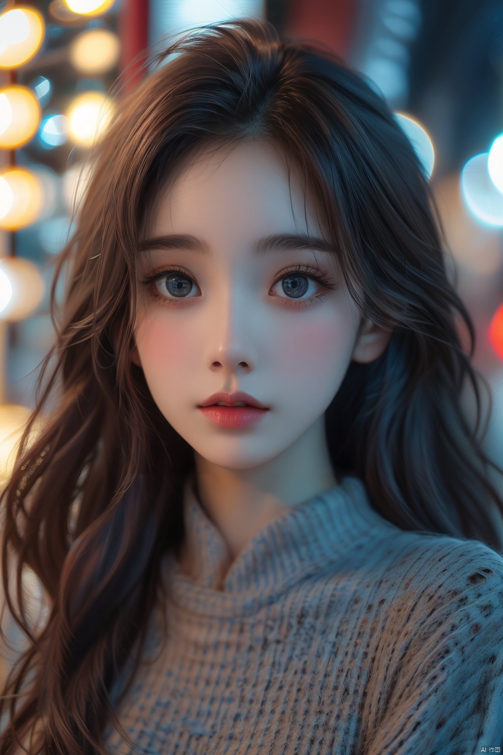 1girl, solo, long hair, brown hair, lips, blurry, parted lips, blue eyes, realistic, nose, depth of field, bokeh, portrait, sweater, blurry background, brown eyes