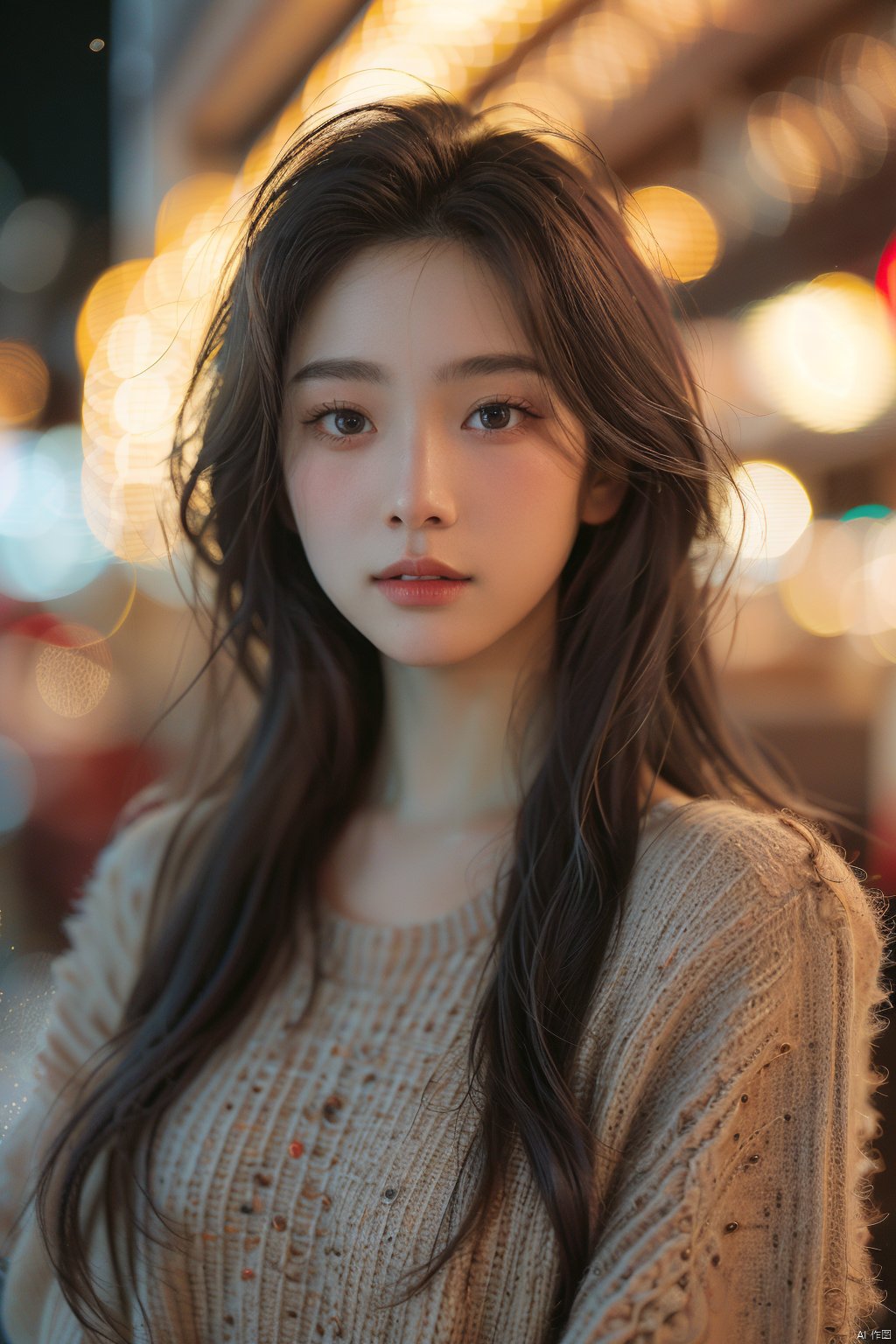 1girl, solo, long hair, blurry, brown eyes, lips, realistic, parted lips, looking at viewer, upper body, blurry background, depth of field, black hair, brown hair, sweater, bokeh, messy hair