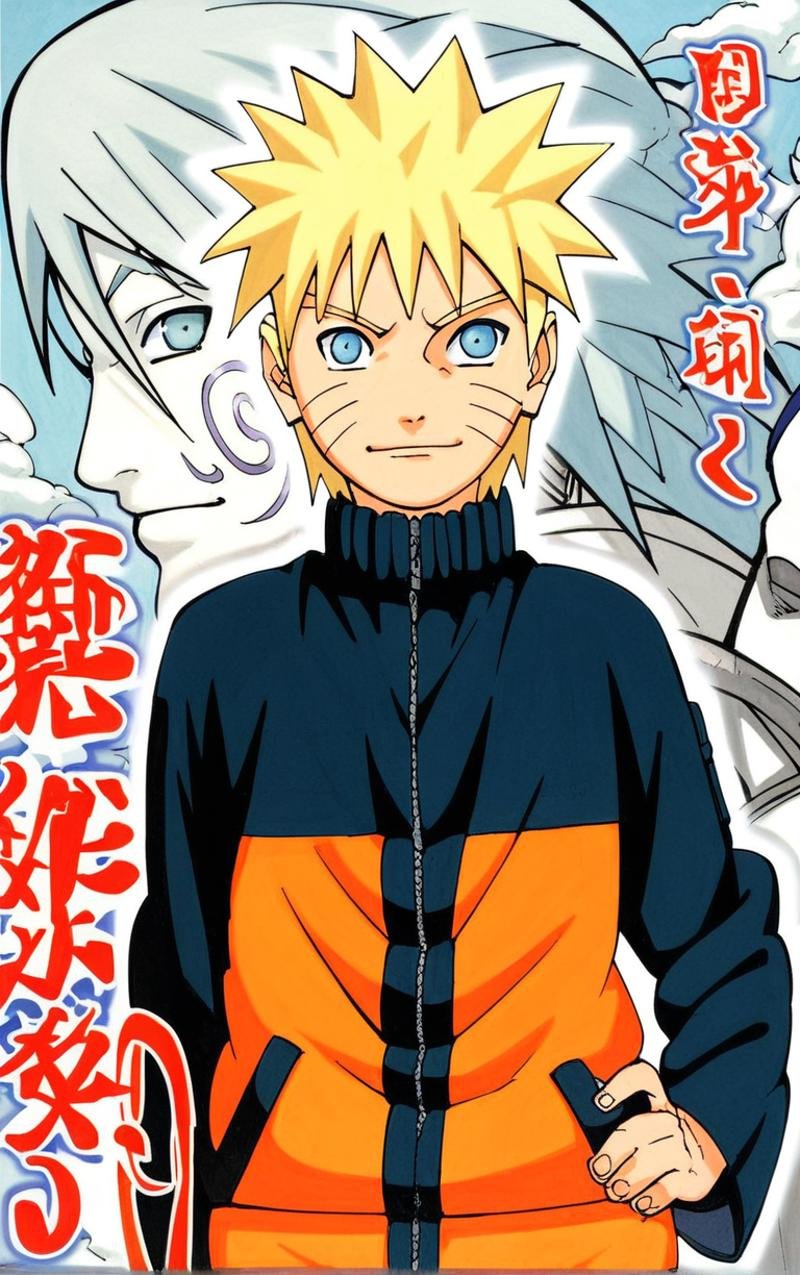 score_9, score_8_up, score_7_up, looking at viewer,  BREAKcolored_narutomanga_ownwaifu, male focus, 1boy, spiked hair, uzumaki naruto, blonde hair, konohagakure symbol, blue eyes, long sleeves, whisker markings, ninja(contrapposto, hand on hip), manga cover, <lora:PONYXL_NarutoMangaColored_ownwaifu:1>,