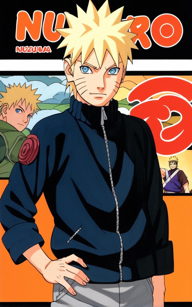 score_9, score_8_up, score_7_up, looking at viewer,  BREAKcolored_narutomanga_ownwaifu, male focus, 1boy, spiked hair, uzumaki naruto, blonde hair, konohagakure symbol, blue eyes, long sleeves, whisker markings, ninja(contrapposto, hand on hip), manga cover, <lora:PONYXL_NarutoMangaColored_ownwaifu:1>,