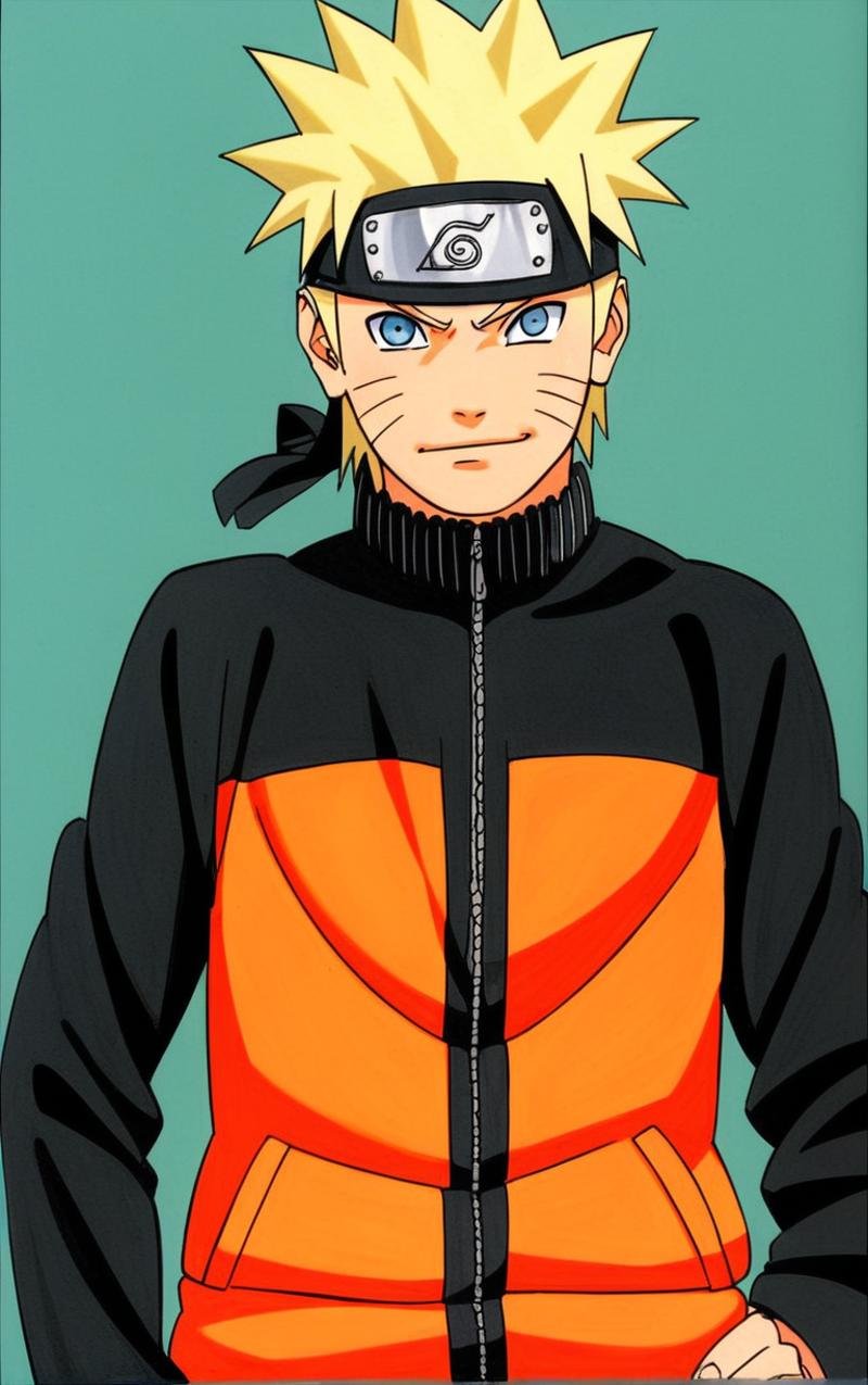 score_9, score_8_up, score_7_up, looking at viewer,  BREAKcolored_narutomanga_ownwaifu, male focus, 1boy, spiked hair, uzumaki naruto, blonde hair, konohagakure symbol, blue eyes, long sleeves, whisker markings, ninja(contrapposto, hand on hip), manga cover, <lora:PONYXL_NarutoMangaColored_ownwaifu:0.85>,