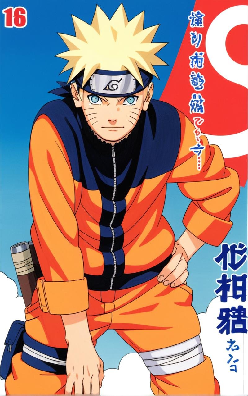 score_9, score_8_up, score_7_up, looking at viewer,  BREAKcolored_narutomanga_ownwaifu, male focus, 1boy, spiked hair, uzumaki naruto, blonde hair, konohagakure symbol, blue eyes, long sleeves, whisker markings, ninja(contrapposto, hand on hip), manga cover, <lora:PONYXL_NarutoMangaColored_ownwaifu:0.8>,