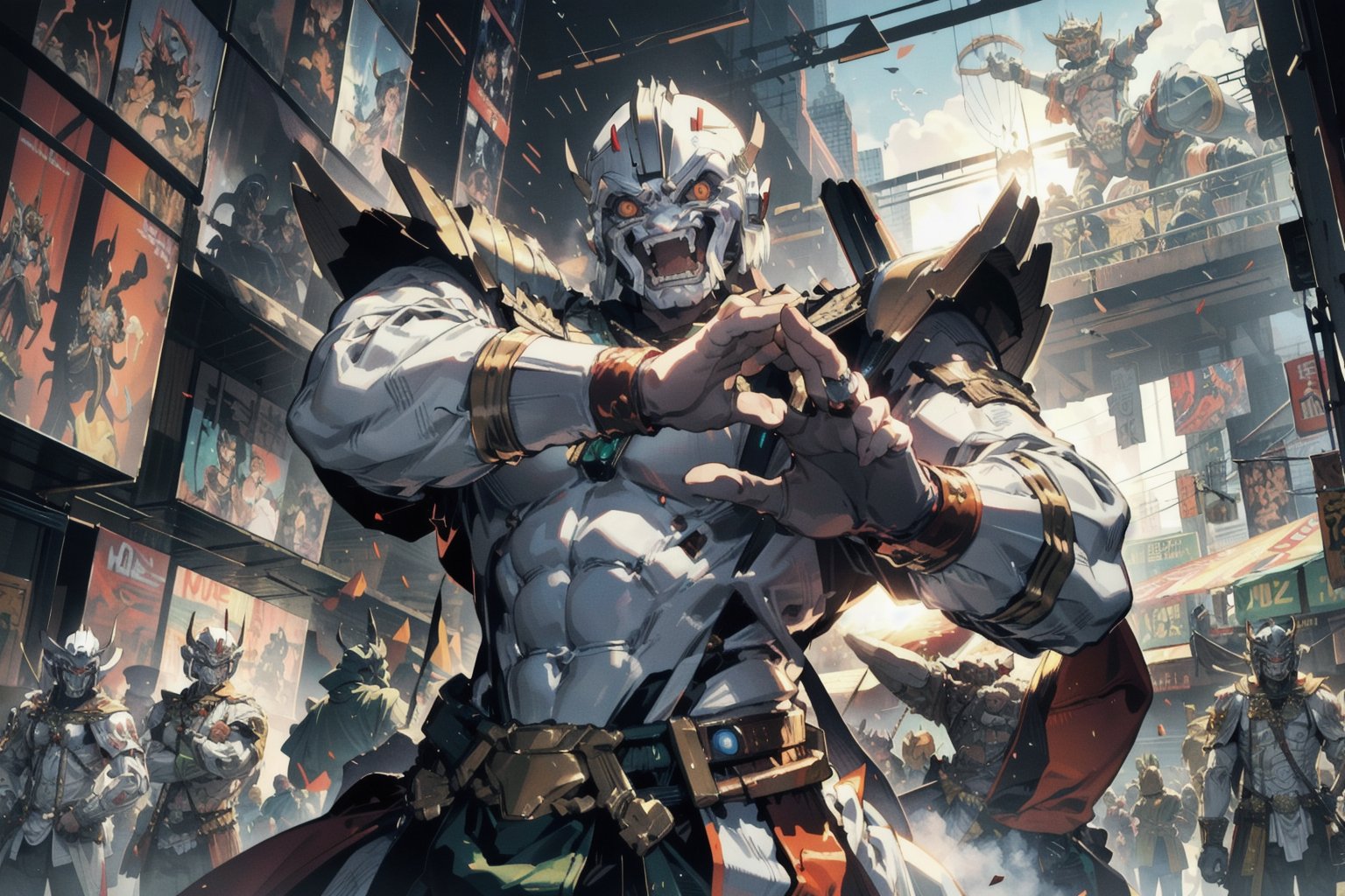 portrait of hanuman mecha , white monkey full mask, fangs , golden pattern , silver weapons, action pose, green thai giant robot in background , dramatic scene, cowboy shot , cyberpunk 