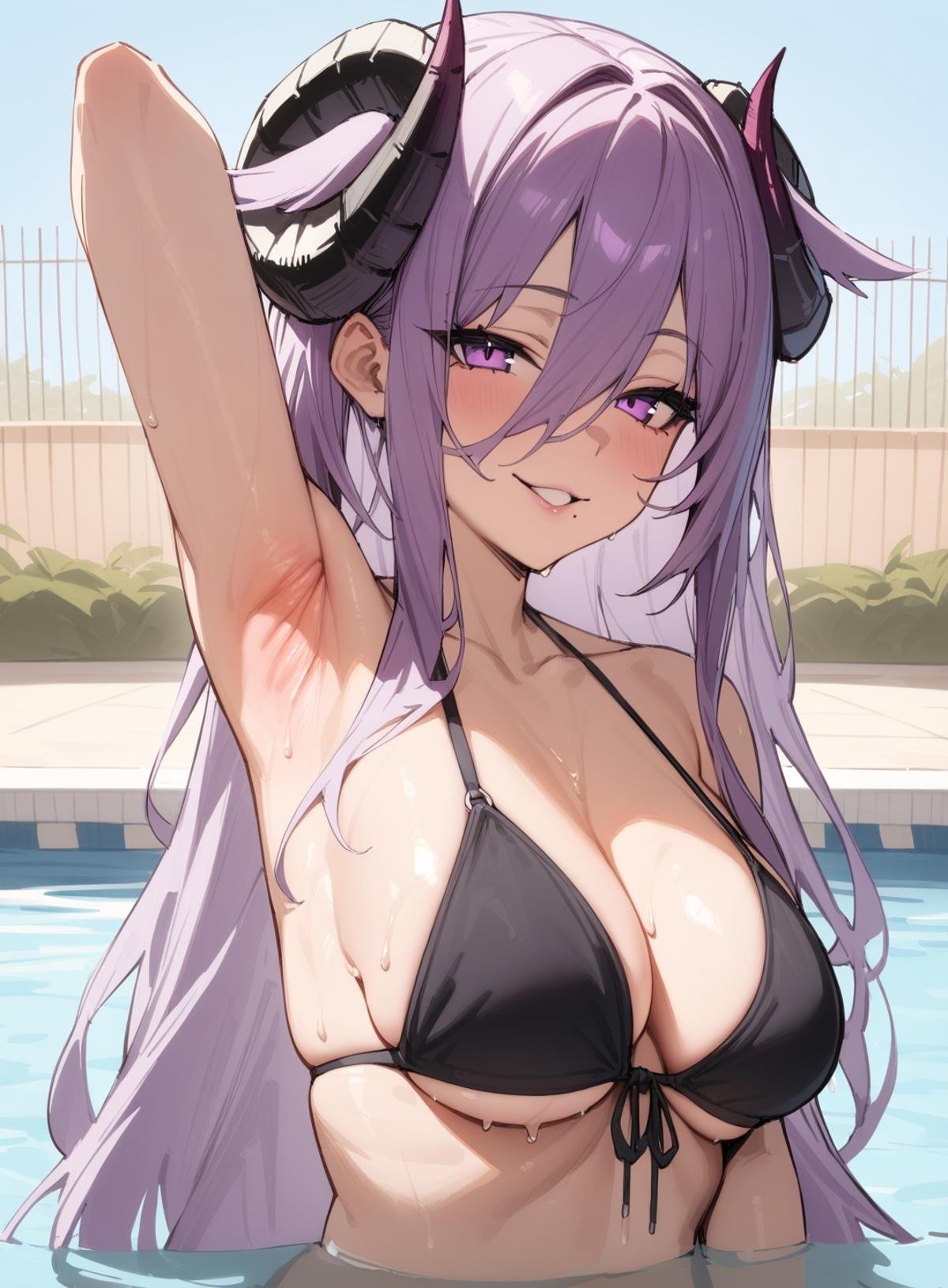 <lora:friedrich_carl_XL_v1.0:0.8>,friedrich_carl_\(azur_lane\)demon_horns, long_hair,purple_eyes, mole_under_mouth, bikini, pool, upper body, armpits, smile,, masterpiece, best quality,  very aesthetic, absurdres,