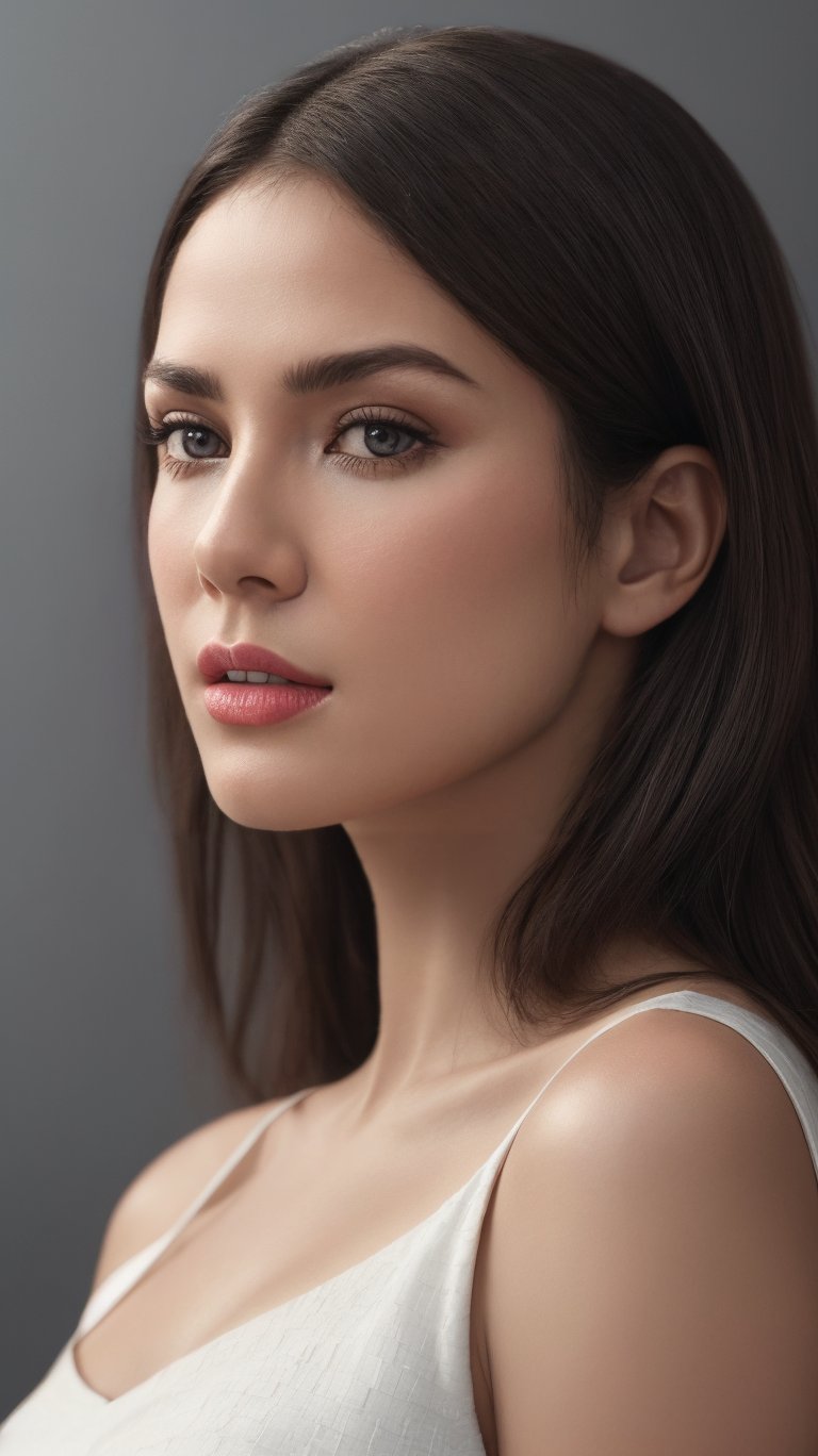 A woman's portrait on a plain dark grey background (1.2). Headshot (1.2) captures her gaze as she gazes softly into the distance. Face focus (1.1) emphasizes her features while soft focus (1.2) creates an ethereal atmosphere. Low lighting casts gentle shadows, with out-of-focus bokeh and a shallow depth of field (f1.4, 40mm). The photorealistic image is rendered in raw, 8K resolution, showcasing textured skin with visible pores and intricate details.