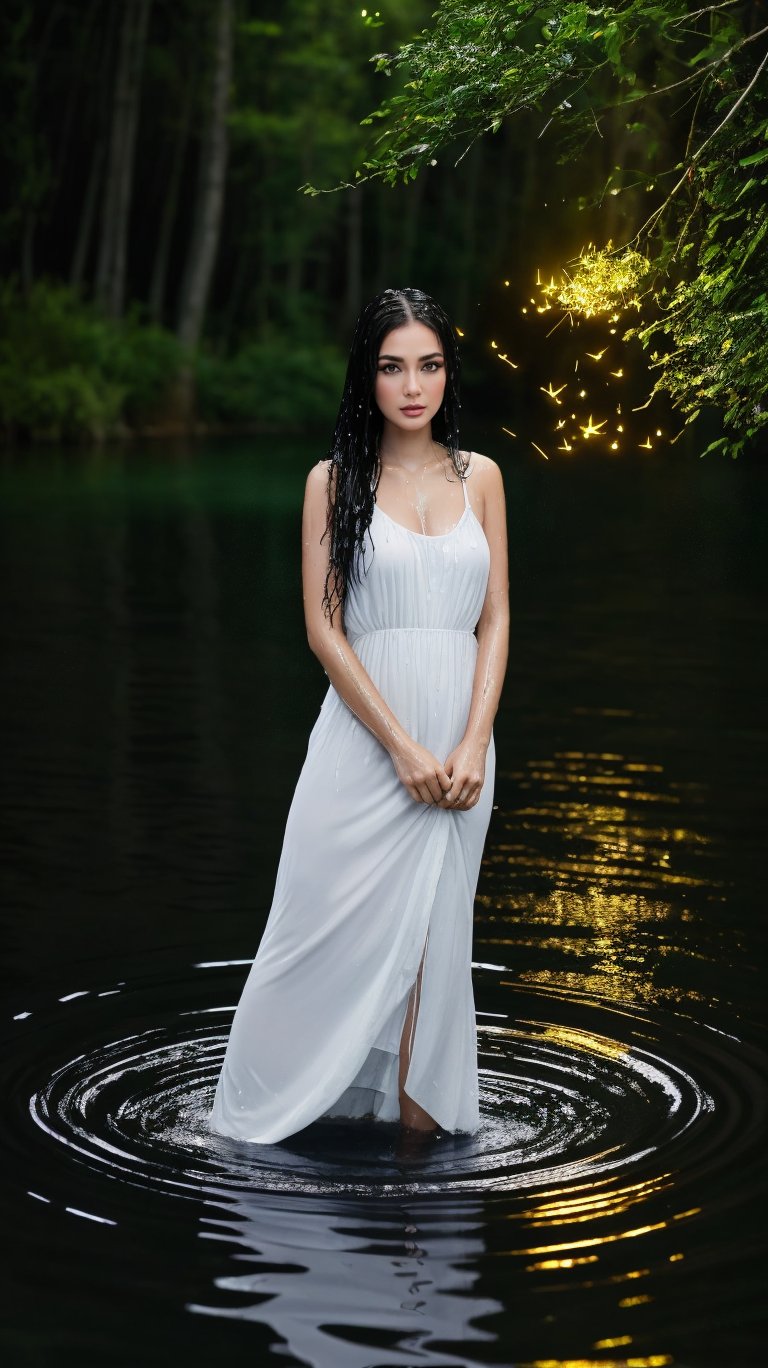 a ultra real full body shot photo 20 years old girl, ((sink on lake)), black eyes, long black hair on covering her body, white dress, on a lake forest and rain fall, ((half body on water:1.5)), goddess, ultra contrast, low light, fireflies, (wet:1.2), sad face. Intricate details of her beautiful eyes and perfect face. The most beautiful girl, night view,
 ,
