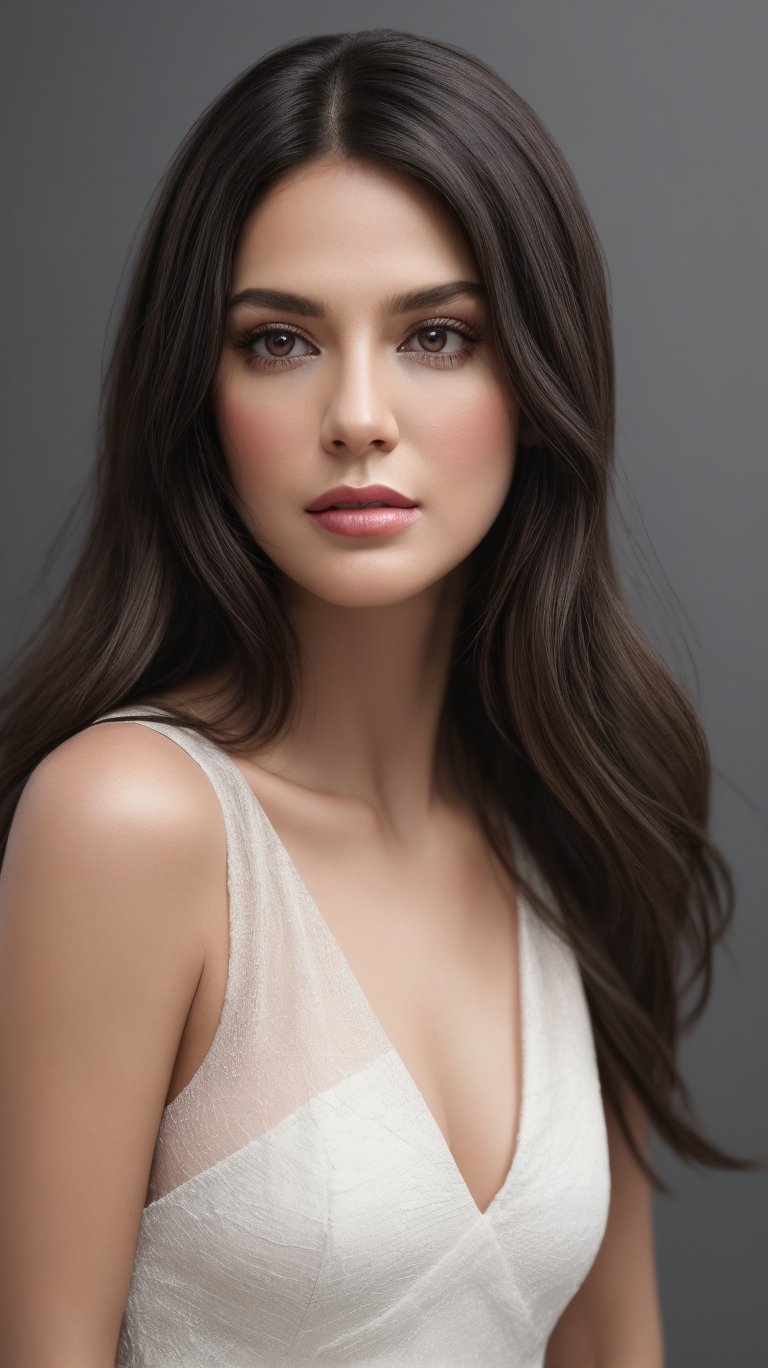 A woman's portrait on a plain dark grey background (1.2). Headshot (1.2) captures her gaze as she gazes softly into the distance. Face focus (1.1) emphasizes her features while soft focus (1.2) creates an ethereal atmosphere. Low lighting casts gentle shadows, with out-of-focus bokeh and a shallow depth of field (f1.4, 40mm). The photorealistic image is rendered in raw, 8K resolution, showcasing textured skin with visible pores and intricate details.