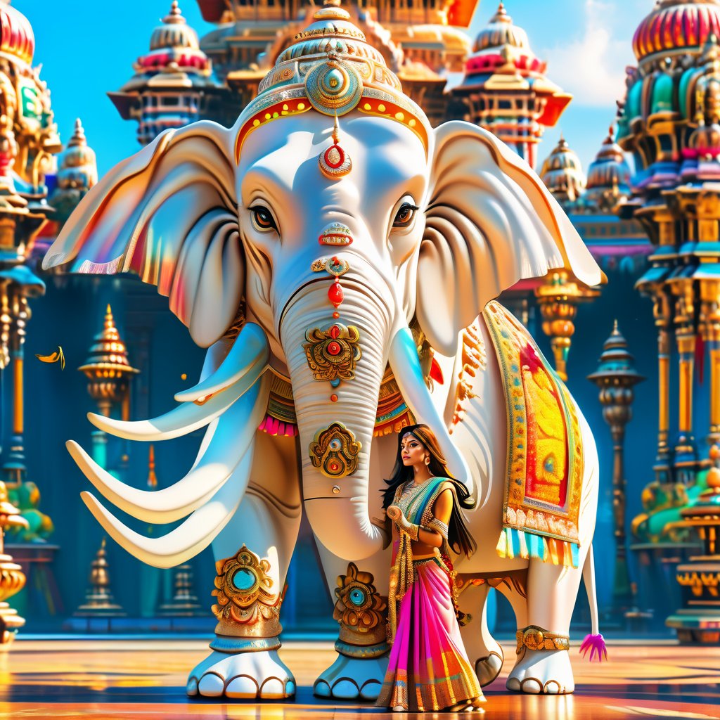 ,((((six tusked elephant:1.5)))), stunningly beautiful woman a beautiful woman in colorful ancient Indian costume, standing in front of a realistic style white 6 tusked elephant, walking in the colorful palace of Buddha, magical, realistic scene, stunningly beautiful Indian woman ,niji style