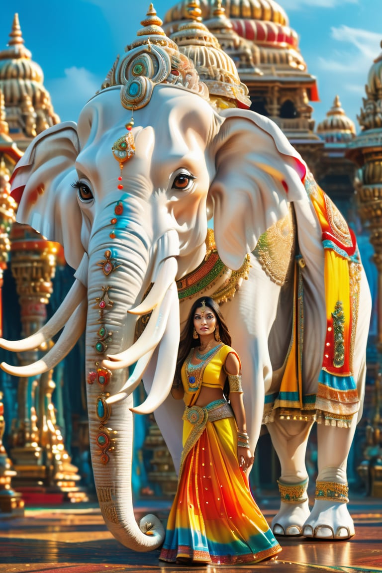 ,((((six tusked elephant:1.5)))), stunningly beautiful woman a beautiful woman in colorful ancient Indian costume, standing in front of a realistic style white 6 tusked elephant, walking in the colorful palace of Buddha, magical, realistic scene, stunningly beautiful Indian woman 