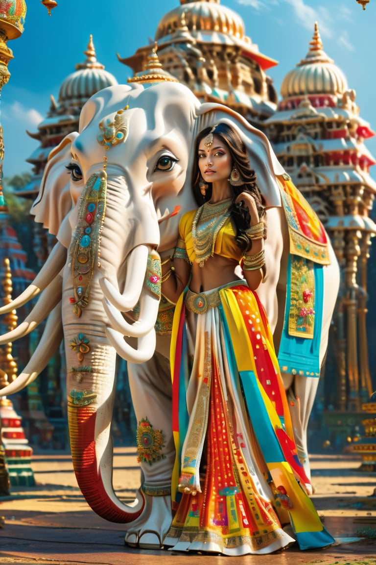 ,((((six tusked elephant:1.5)))), stunningly beautiful Indian woman a beautiful woman in colorful ancient Indian costume, standing in front of a realistic style white 6 tusked elephant, walking in the colorful palace of Buddha, magical, realistic scene, stunningly beautiful Indian woman 