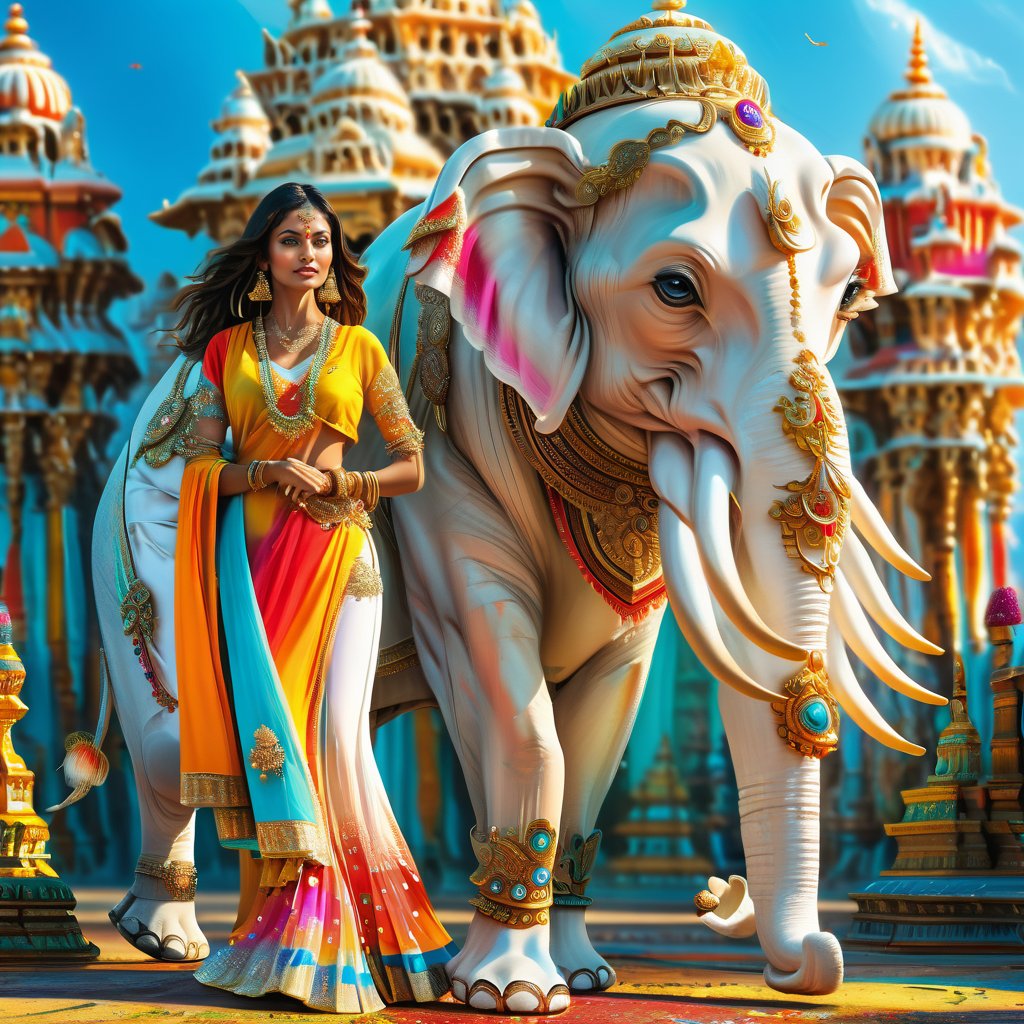 ,((((six tusked elephant:1.5)))), stunningly beautiful Indian woman a beautiful woman in colorful ancient Indian costume, standing in front of a realistic style white 6 tusked elephant, walking in the colorful palace of Buddha, magical, realistic scene, stunningly beautiful Indian woman 