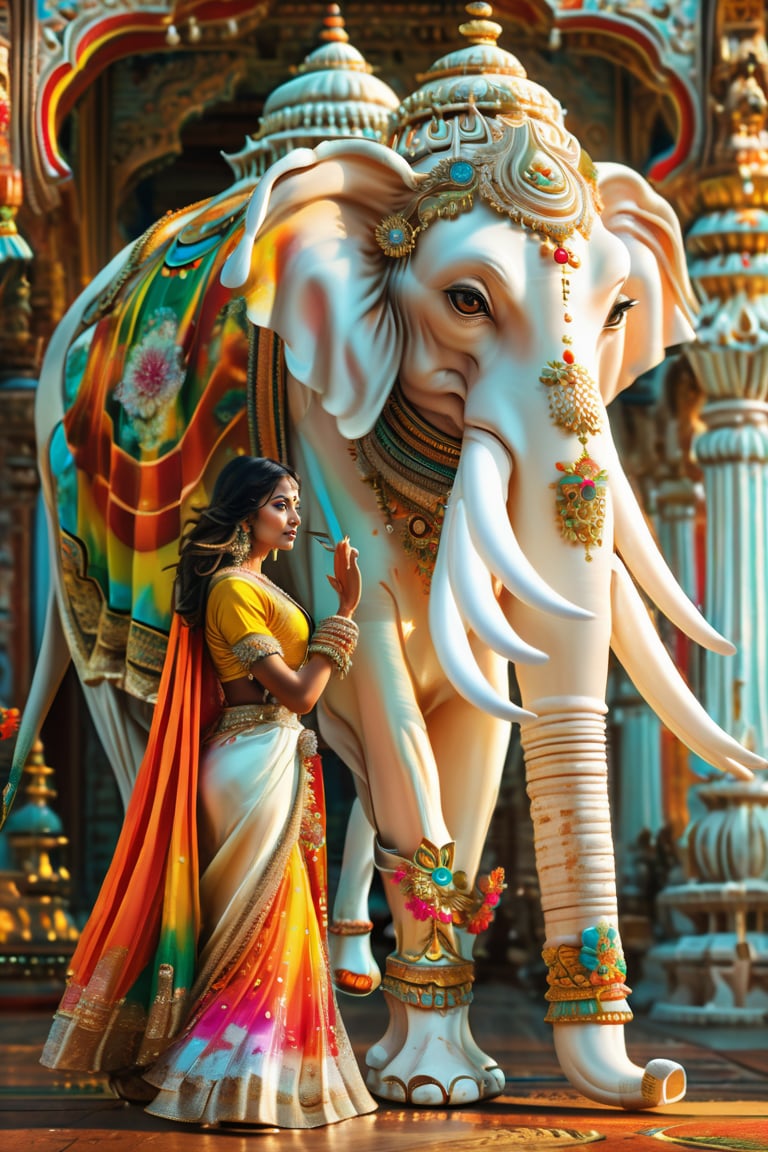 ,((((six tusked elephant:1.5)))), stunningly beautiful Indian woman a beautiful woman in colorful ancient Indian costume, standing in front of a realistic style white 6 tusked elephant, walking in the colorful palace of Buddha, magical, realistic scene, stunningly beautiful Indian woman 