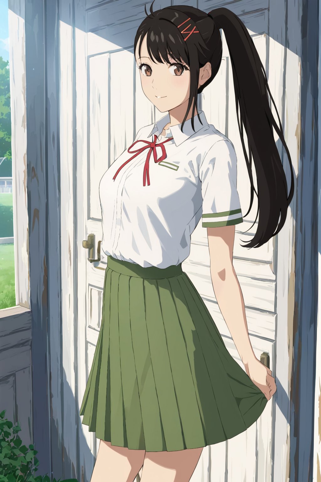    ( masterpiece , ultra Detailed     ) , 
iwatoxl ,  iwato suzume , 
eyelashes, brown eyes, black hair, long hair, ponytail, bangs, hairclip , 
 shirt, white shirt, short sleeves, school uniform, collared shirt, ribbon, skirt, neck ribbon, pleated skirt, red ribbon, green skirt ,  
at school , 