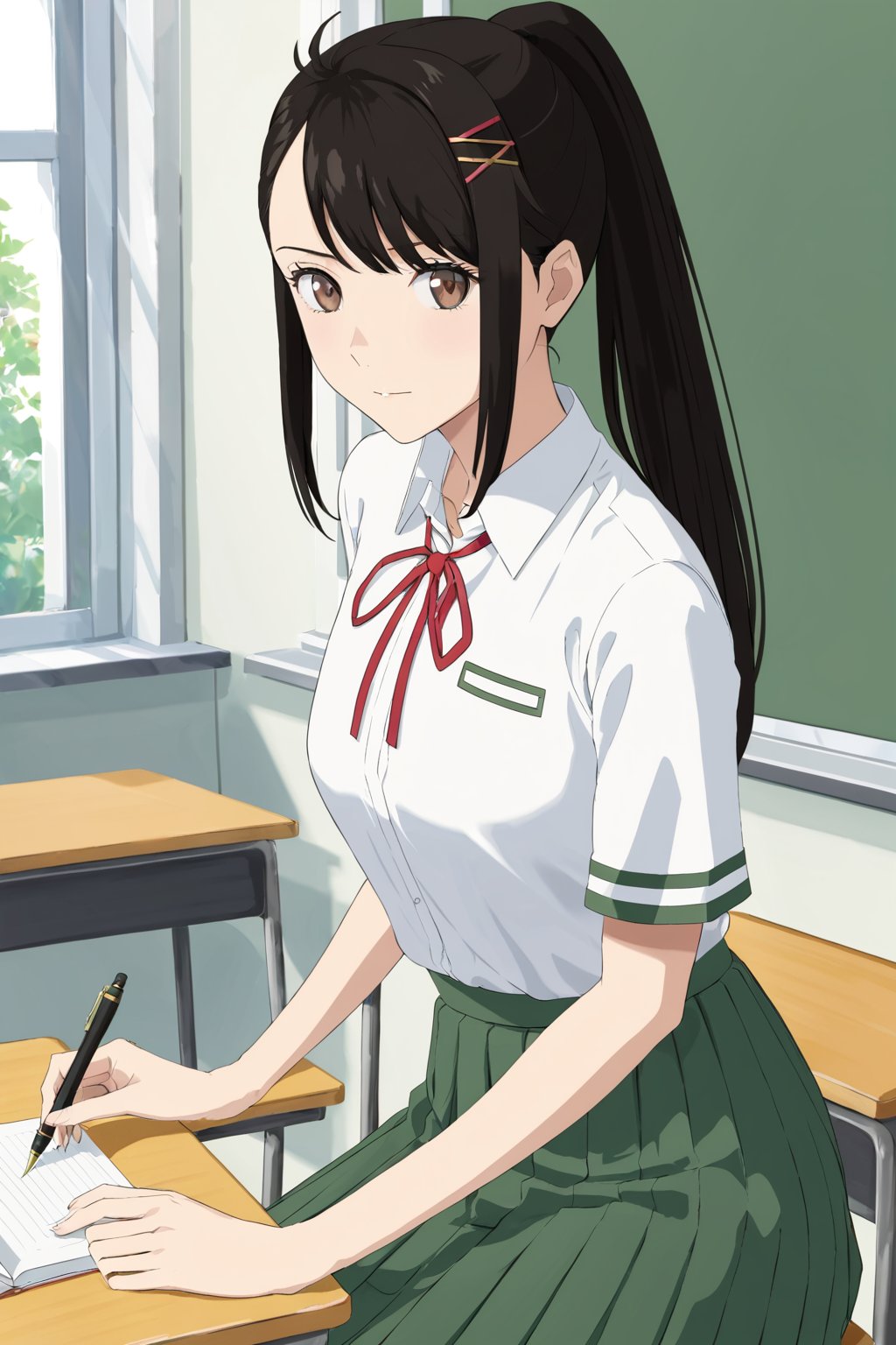  studying  , seated ,  textbook , pen ,  serious ,  ( masterpiece , ultra Detailed     ) , 
iwatoxl ,  iwato suzume , 
eyelashes, brown eyes, black hair, long hair, ponytail, bangs, hairclip , 
 shirt, white shirt, short sleeves, school uniform, collared shirt, ribbon, skirt, neck ribbon, pleated skirt, red ribbon, green skirt ,  
in classroom , 
at school , in local area , 