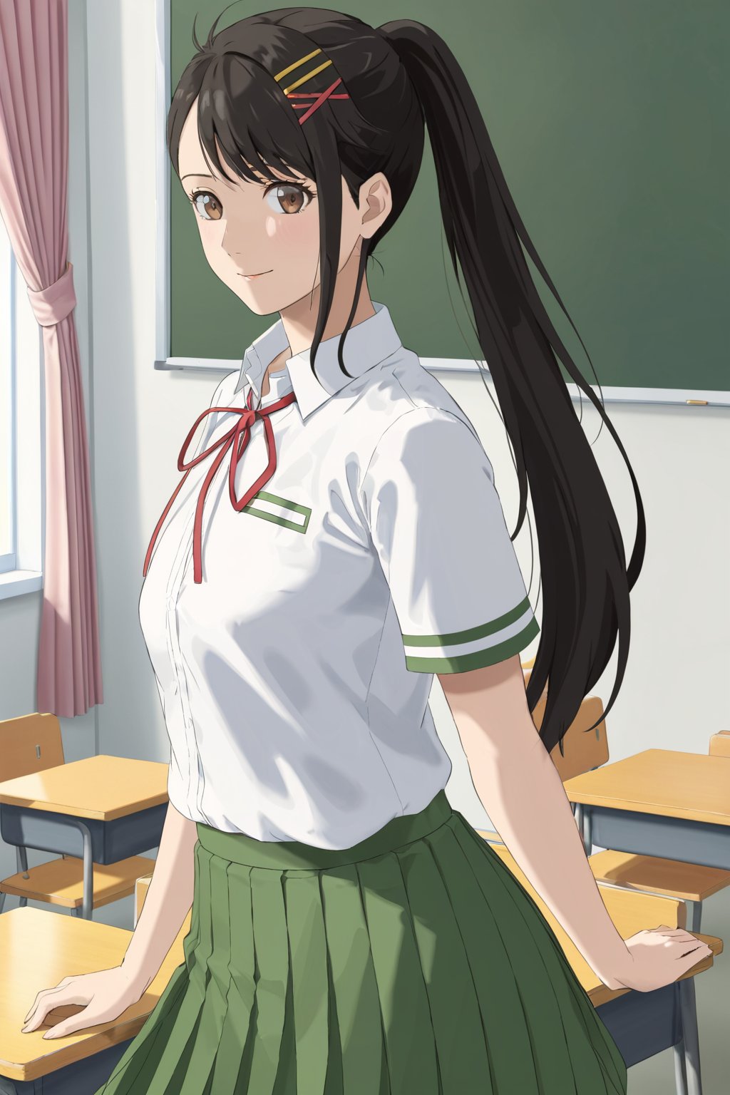  study , seated ,  ( masterpiece , ultra Detailed     ) , 
iwatoxl ,  iwato suzume , 
eyelashes, brown eyes, black hair, long hair, ponytail, bangs, hairclip , 
 shirt, white shirt, short sleeves, school uniform, collared shirt, ribbon, skirt, neck ribbon, pleated skirt, red ribbon, green skirt ,  
in classroom , 
at school , in local area , 