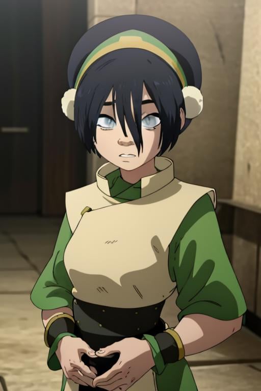 <lora:inker-10:1> inker, 1girl, busty, <lora:Toph:1> 1girl, toph, bangs, black hair, blind, grey eyes, hair between eyes, hair bun, hairband, short hair, masterpiece, best quality