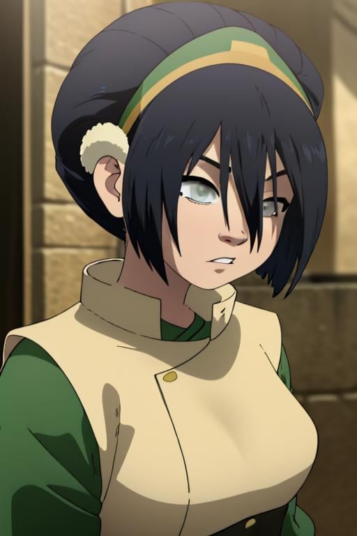 <lora:inker-10:1> inker, 1girl, busty, <lora:Toph:1> 1girl, toph, bangs, black hair, blind, grey eyes, hair between eyes, hair bun, hairband, short hair, masterpiece, best quality