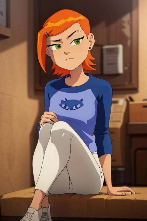 <lora:inker-10:1> inker, 1girl, busty, <lora:gwen tennyson:1> Gwendolyn_Tennyson, blue shirt, long sleeves, white pants, orange hair, green eyes, masterpiece, best quality