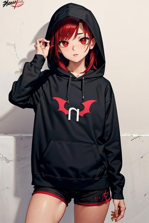 (masterpiece), best quality, expressive eyes, perfect face, nhentai logo, jacket, black jacket, hooded jacket, print jacket, long sleeves, clothes writing, 1girl, red hair, red eyes, solo, hoodie, hood, hood down, shorts, black shorts, <lora:ab52545c-41e7-4c4d-818b-7a692d6f4efd:0.7>