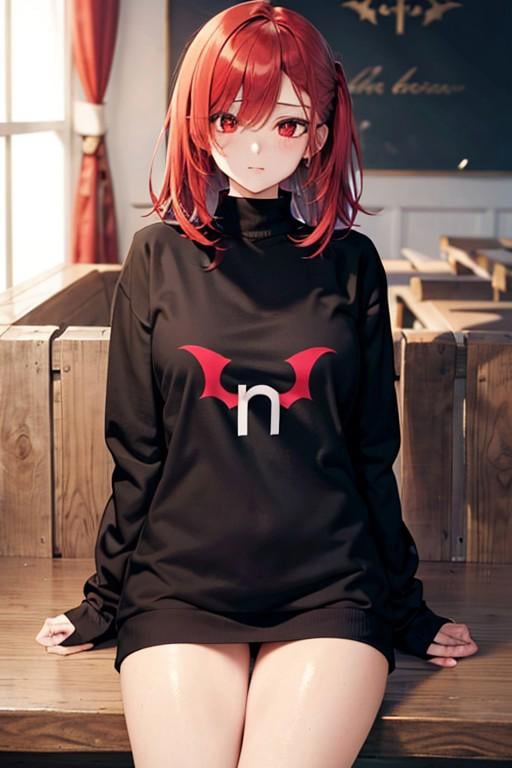 (masterpiece), best quality, expressive eyes, perfect face, nhentai logo, sweater, black sweater, print sweater, long sleeves, clothes writing, 1girl, red hair, red eyes, solo, <lora:ab52545c-41e7-4c4d-818b-7a692d6f4efd:0.7>