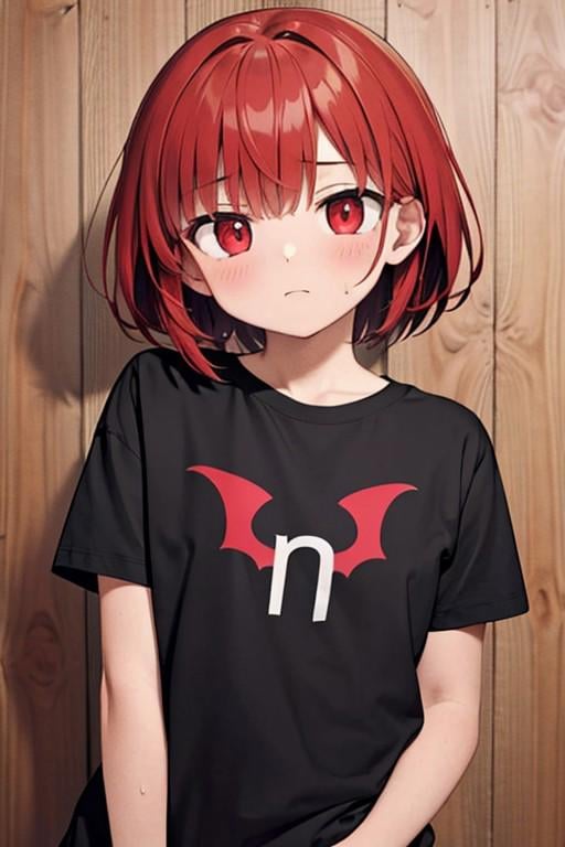 (masterpiece), best quality, expressive eyes, perfect face, nhentai logo, shirt, black shirt, print shirt, short sleeves, clothes writing, 1girl, red hair, red eyes, solo, <lora:ab52545c-41e7-4c4d-818b-7a692d6f4efd:0.7>