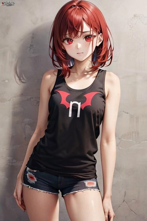 (masterpiece), best quality, expressive eyes, perfect face, nhentai logo, tank top, black tank top, print tank top, clothes writing, 1girl, red hair, red eyes, solo, shorts, <lora:ab52545c-41e7-4c4d-818b-7a692d6f4efd:0.7>