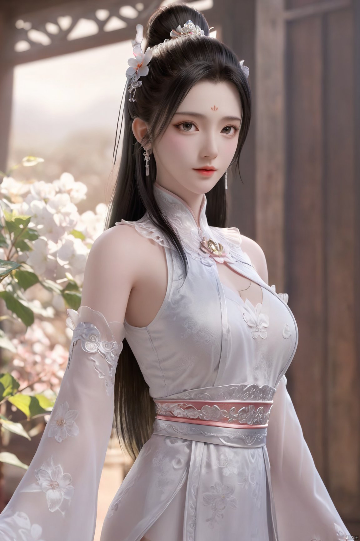 Xbaihehuai,masterpiece,(best quality),official art, extremely detailed cg 8k wallpaper,((crystalstexture skin)), (extremely delicate and beautiful),highly detailed,1girl,solo,long hair,headwear,,(black hair),(closed mouth),(standing),(chinese clothing),dress,Headwear, jewelry,,looking at the audience,Facing the camera,indoor,Street, Sunny,(whole body),looking_at_viewer, (big breasts), upper body,Xbaihehuai, ty-hd, desert_sky,X-Hydrangea,Xcheongsam,X-ziling