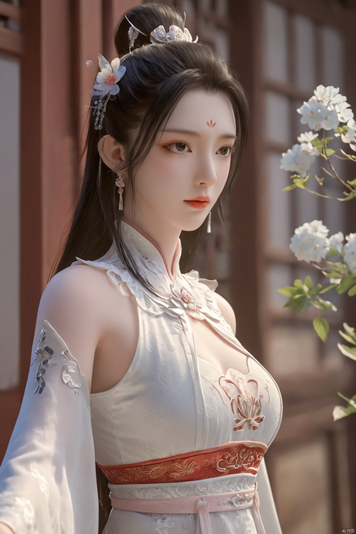 Xbaihehuai,masterpiece,(best quality),official art, extremely detailed cg 8k wallpaper,((crystalstexture skin)), (extremely delicate and beautiful),highly detailed,1girl,solo,long hair,headwear,,(black hair),(closed mouth),(standing),(chinese clothing),dress,Headwear, jewelry,,looking at the audience,Facing the camera,indoor,Street, Sunny,(whole body),looking_at_viewer, (big breasts), upper body,Xbaihehuai, ty-hd, desert_sky,X-Hydrangea,Xcheongsam,X-ziling