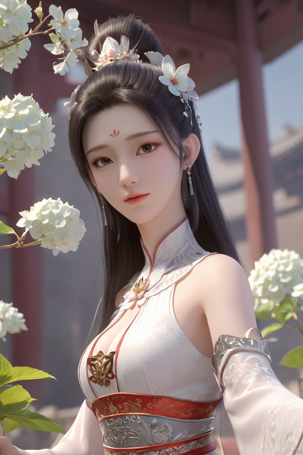 Xbaihehuai,masterpiece,(best quality),official art, extremely detailed cg 8k wallpaper,((crystalstexture skin)), (extremely delicate and beautiful),highly detailed,1girl,solo,long hair,headwear,,(black hair),(closed mouth),(standing),(chinese clothing),dress,Headwear, jewelry,,looking at the audience,Facing the camera,indoor,Street, Sunny,(whole body),looking_at_viewer, (big breasts), upper body,Xbaihehuai, ty-hd, desert_sky,X-Hydrangea