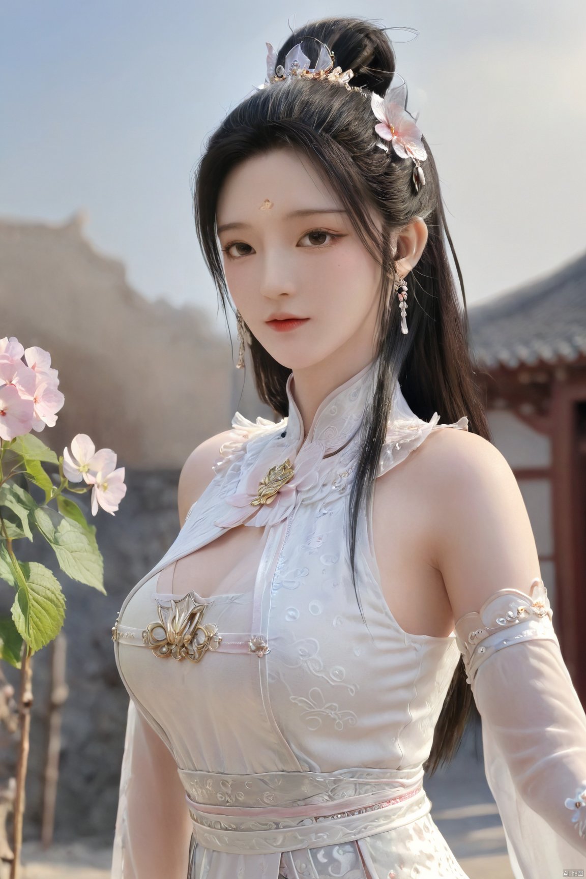 Xbaihehuai,masterpiece,(best quality),official art, extremely detailed cg 8k wallpaper,((crystalstexture skin)), (extremely delicate and beautiful),highly detailed,1girl,solo,long hair,headwear,,(black hair),(closed mouth),(standing),(chinese clothing),dress,Headwear, jewelry,,looking at the audience,Facing the camera,indoor,Street, Sunny,(whole body),looking_at_viewer, (big breasts), upper body,Xbaihehuai, ty-hd, desert_sky,X-Hydrangea,Xcheongsam,X-ziling