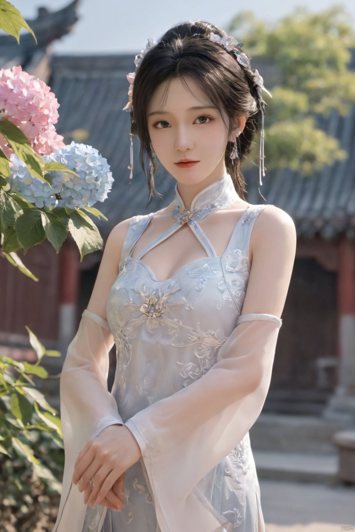 Xbaihehuai,masterpiece,(best quality),official art, extremely detailed cg 8k wallpaper,((crystalstexture skin)), (extremely delicate and beautiful),highly detailed,1girl,solo,long hair,headwear,,(black hair),(closed mouth),(standing),(chinese clothing),dress,Headwear, jewelry,,looking at the audience,Facing the camera,indoor,Street, Sunny,(whole body),looking_at_viewer, (big breasts:1.53), upper body,Xbaihehuai, ty-hd, desert_sky,X-Hydrangea,Xcheongsam,X-ziling