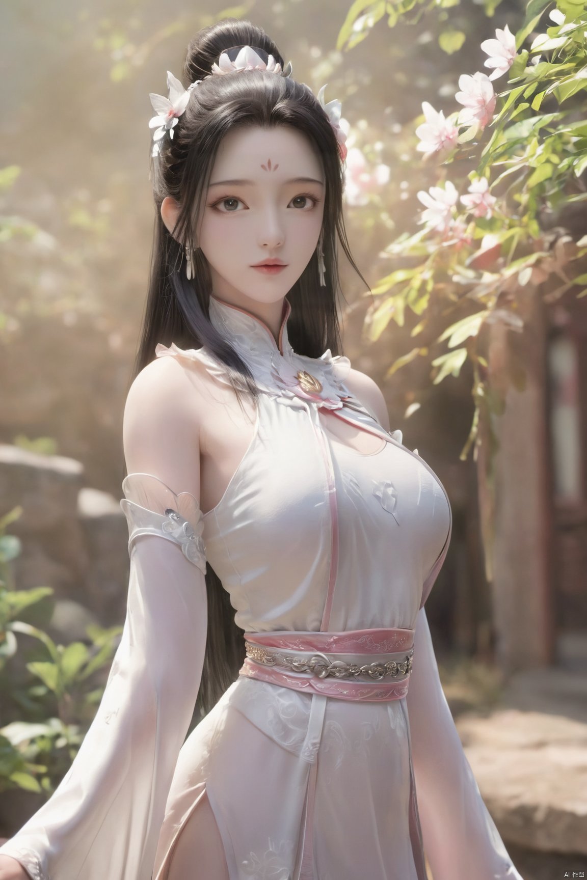 Xbaihehuai,masterpiece,(best quality),official art, extremely detailed cg 8k wallpaper,((crystalstexture skin)), (extremely delicate and beautiful),highly detailed,1girl,solo,long hair,headwear,,(black hair),(closed mouth),(standing),(chinese clothing),dress,Headwear, jewelry,,looking at the audience,Facing the camera,indoor,Street, Sunny,(whole body),looking_at_viewer, (big breasts:1.53), upper body,Xbaihehuai, ty-hd, desert_sky,X-Hydrangea,Xcheongsam,X-ziling