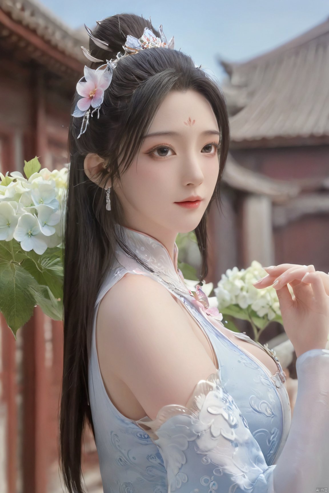 Xbaihehuai,masterpiece,(best quality),official art, extremely detailed cg 8k wallpaper,((crystalstexture skin)), (extremely delicate and beautiful),highly detailed,1girl,solo,long hair,headwear,,(black hair),(closed mouth),(standing),(chinese clothing),dress,Headwear, jewelry,,looking at the audience,Facing the camera,indoor,Street, Sunny,(whole body),looking_at_viewer, (big breasts:1.53), upper body,Xbaihehuai, ty-hd, desert_sky,X-Hydrangea,Xcheongsam,X-ziling