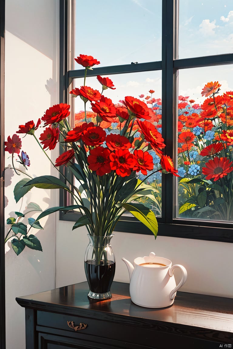 flower, indoors, no humans, window, leaf, plant, white flower, red flower, scenery, pink flower, blue flower, purple flower, still life