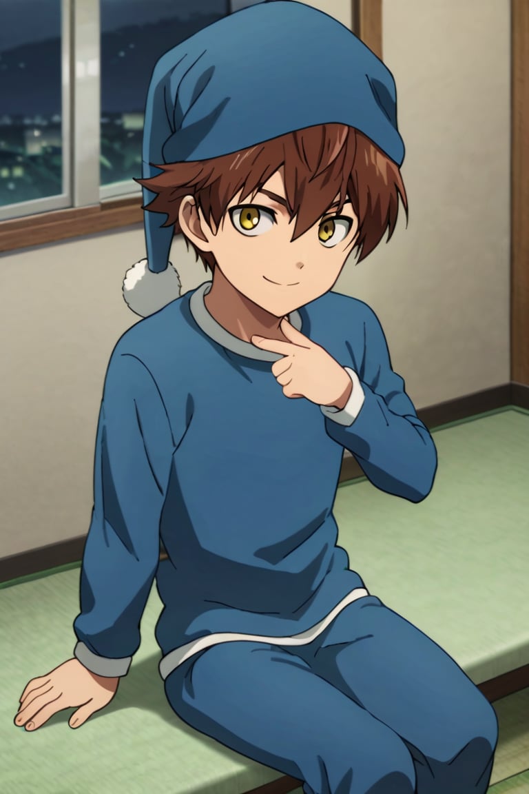 score_9,score_8_up,score_7_up,source_anime,1boy, male, solo,  looking at viewer,Child Emperor,Isamu,brown hair, yellow eyes,short hair, nightcap,pajamas, indoors, night, sitting, smile,