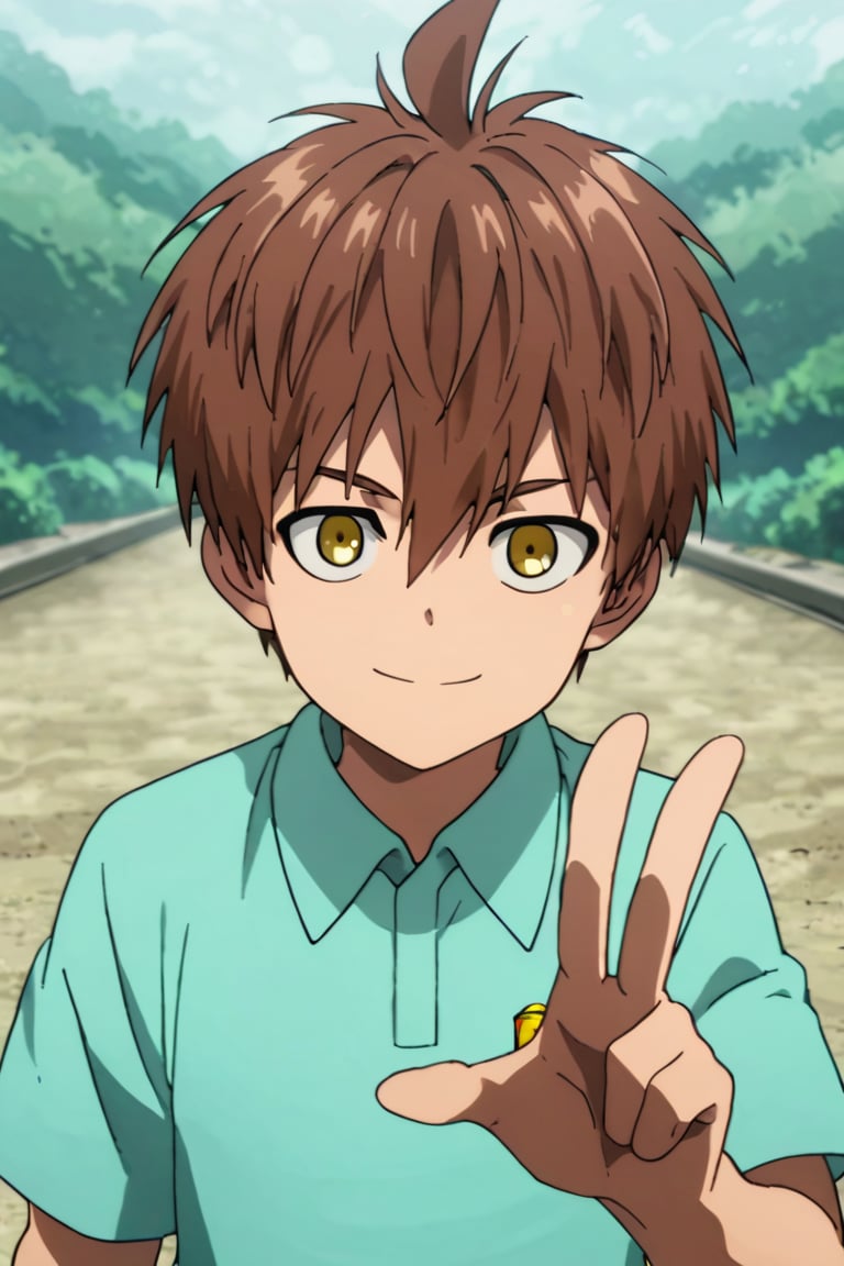 score_9,score_8_up,score_7_up,source_anime,1boy, male, solo,  looking at viewer,Child Emperor,Isamu,brown hair, yellow eyes,short hair, ahoge,  outdoors, v, smile,