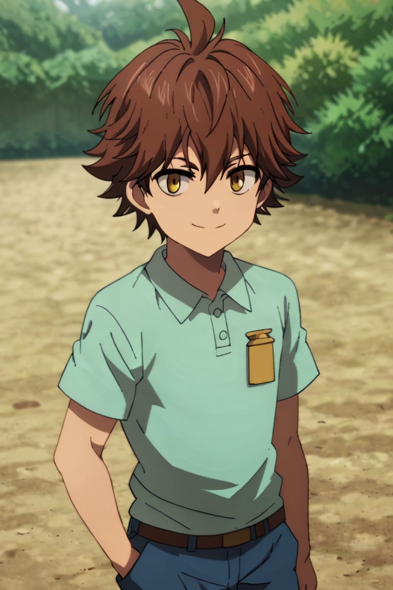score_9,score_8_up,score_7_up,source_anime,1boy, male, solo,  looking at viewer,Child Emperor,Isamu,brown hair, yellow eyes,spiky hair, ahoge,  outdoors, smile,