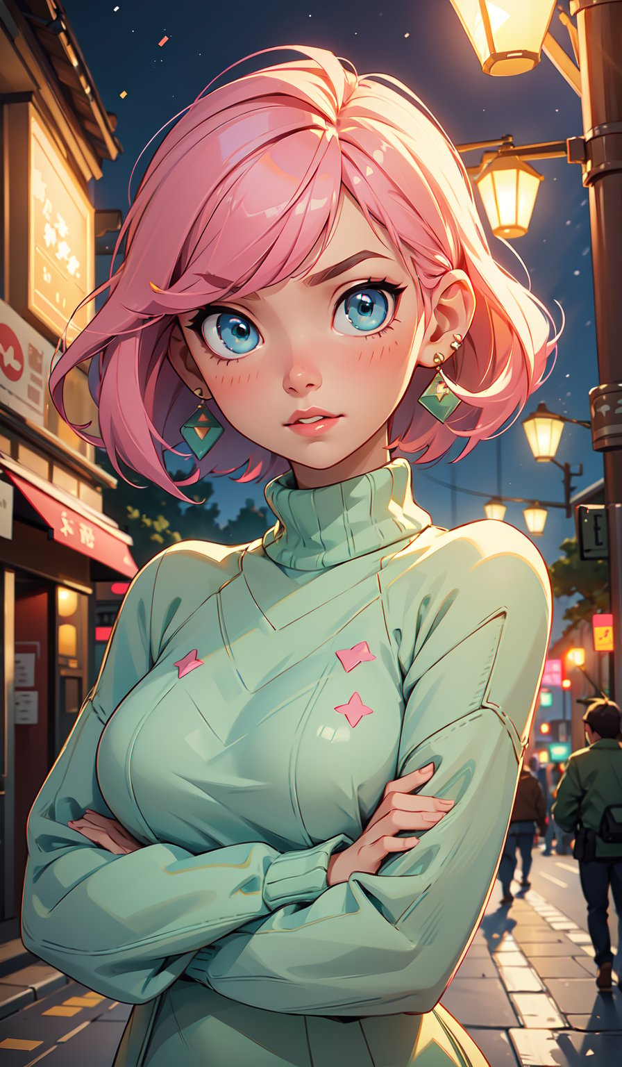 1girl, solo, upper body, blush, pink hair, short hair, blue eyes, (green sweater:1.2), long sleeves, earrings, looking at viewer, neutral expression, arms crossed, parted lips, wide eyes, cityscape, street, night, lamp post, plant, storefront, sign, people, bokeh, lanterns, street scene, tree, night lighting, street lighting, bokeh, warm lighting, ultra detailed, 4k